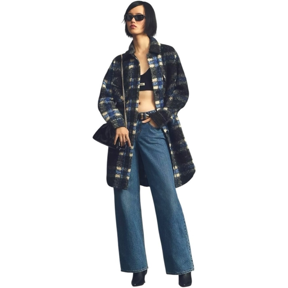 NWOT Anthropologie RD Style Eva Blue Black Plaid Boucle Shirt Jacket Size Small